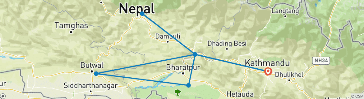 Map of 10 Days Nepal Tour (Kathmandu, Pokhara, Lumbini, Chitwan)