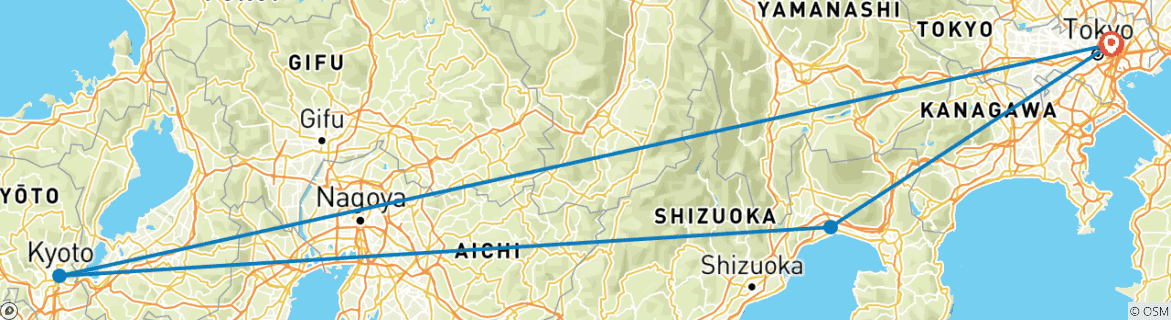 Mapa de Encantos de Japón en 7 días: Tokio, Monte Fuji y Kioto