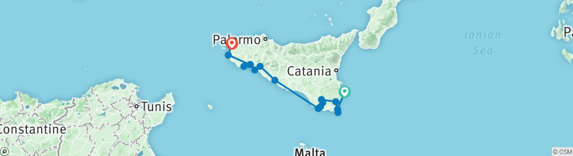 Map of Grand Cycling Tour of Sicily