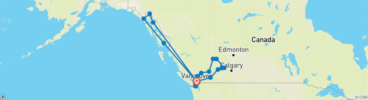 Carte du circuit Les Rocheuses canadiennes avec croisière en Alaska