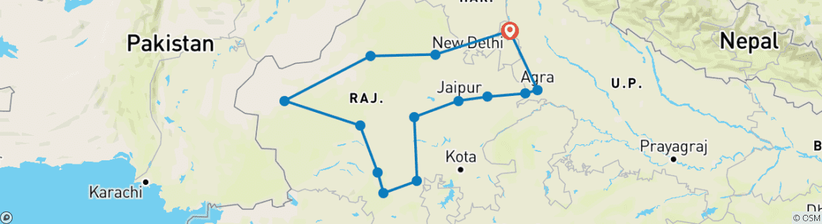 Image of a map showing the route of the tour