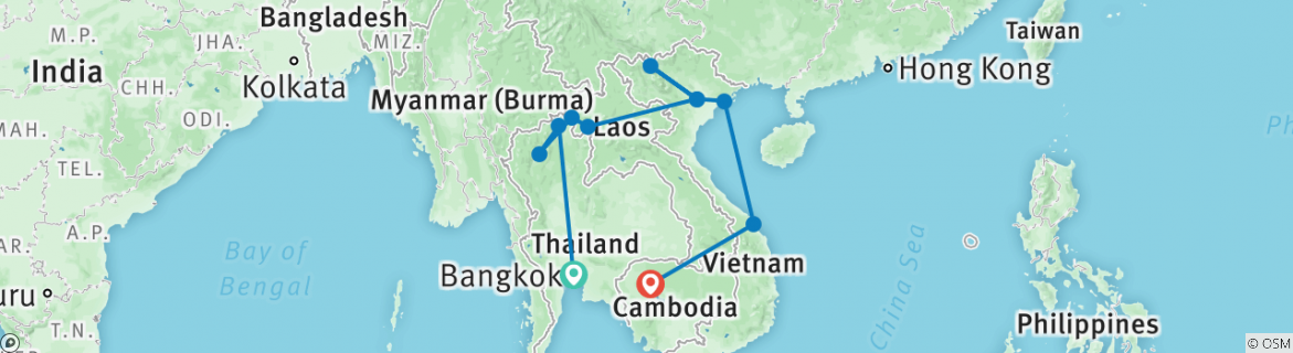 Map of Unforgetable Thailand Laos Vietnam & Cambodia 21Days/20nights