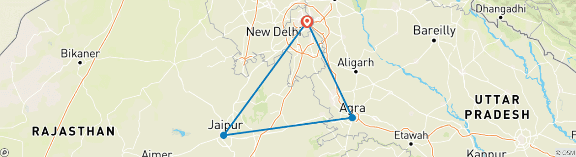 Map of 3 Day Golden Triangle Tour with Taj Mahal Sunrise/Sunset