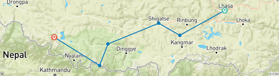 Map of 7 Days Lhasa Mt. Everest Kathmandu Overland Group Tour