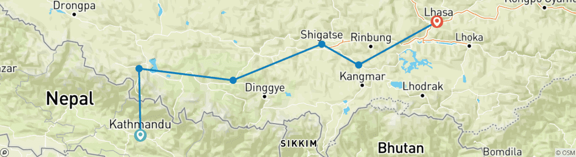 Map of 7 Days Kathmandu Gyirong Lhasa Overland Group Tour