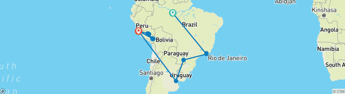 Image of a map showing the route of the tour