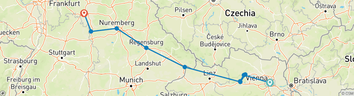 Image of a map showing the route of the tour