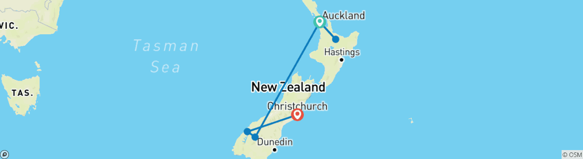 Carte du circuit Contraste de la Nouvelle- Zélande - Fin Christchurch, 10 jours