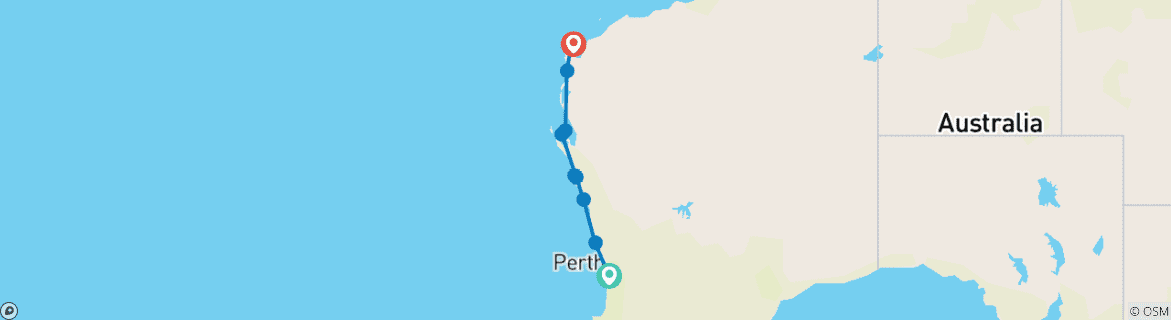 Map of 6 Day Perth to Exmouth Coral Coaster (One Way)