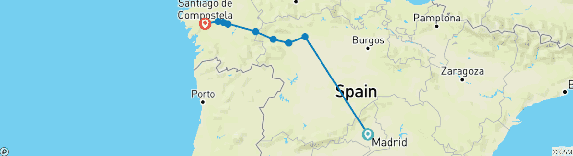 Kaart van Wandelen over de Camino de Santiago