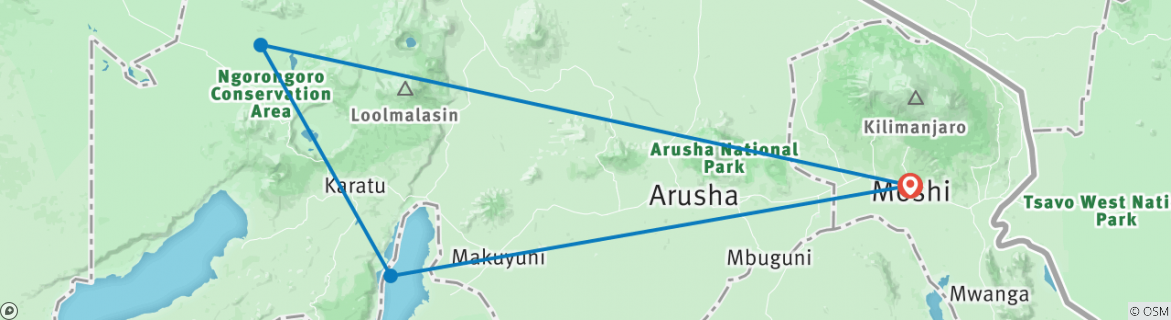 Map of Ngorongoro wild camp safari 3 days