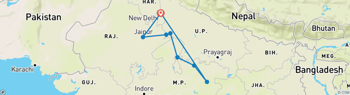 Image of a map showing the route of the tour