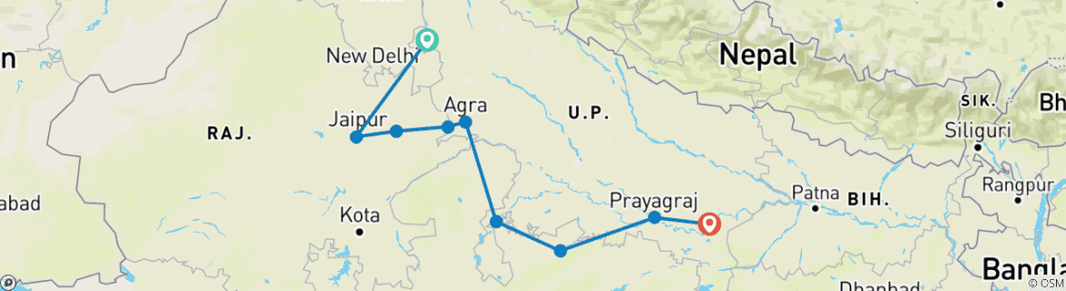 Map of Classic North India - Golden Triangle with Orchha, Khajuraho & Varanasi !!