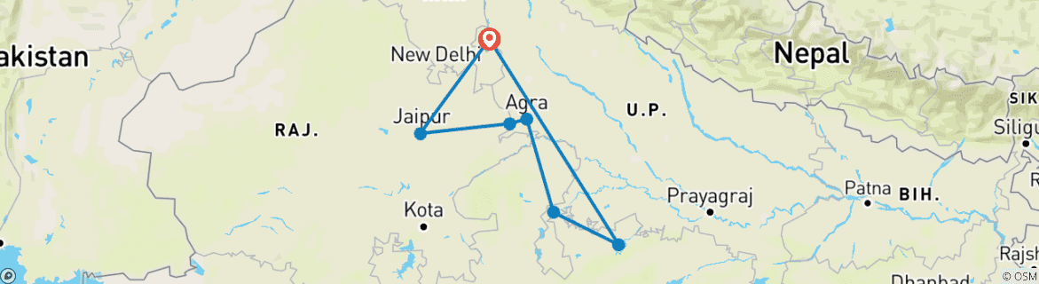 Image of a map showing the route of the tour