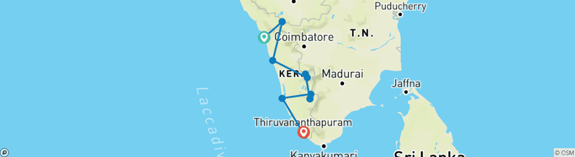 Map of Sacred Kerala Tour