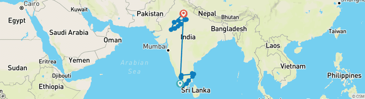 Carte du circuit Voyage de 30 jours en Inde du Sud et en Inde du Nord