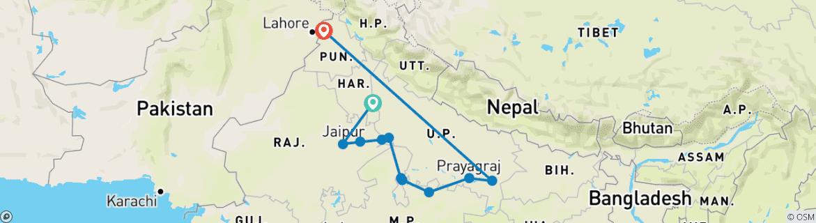 Image of a map showing the route of the tour