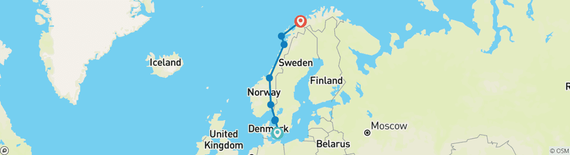 Kaart van Van Kopenhagen naar Noord-Noorwegen