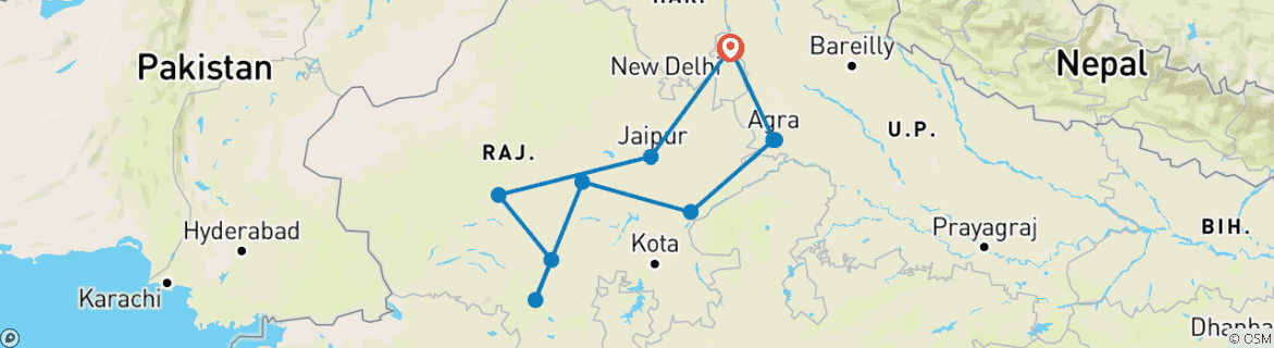 Carte du circuit Taj Mahal et Rajasthan avec séjour royal dans des châteaux