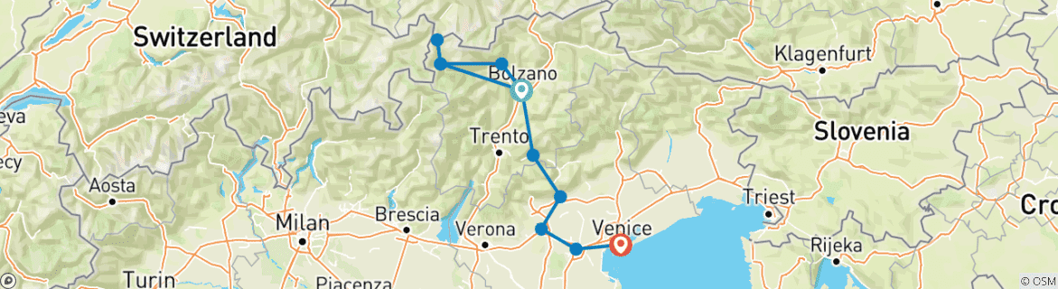 Map of Cycling Italy's Alpine Valleys Plus! Venice