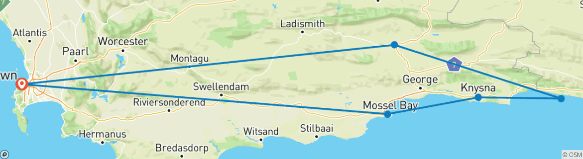 Map of Cape Town. Inverdoorn Safari &  Oudtshorn & Tsitsikamma National Park & Knysna & Mossell Bay