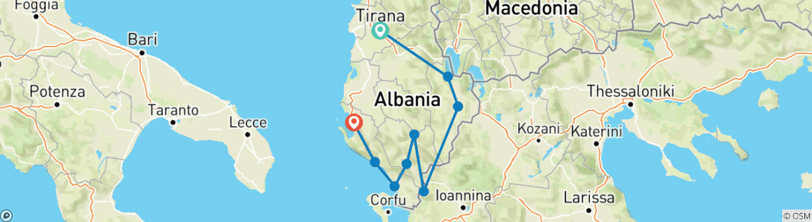 Image of a map showing the route of the tour