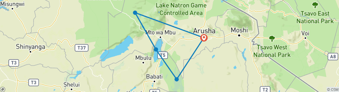 Carte du circuit Safari Tarangire, Lac Manyara et Cratère du Ngorongoro - 3 jours/2 nuits