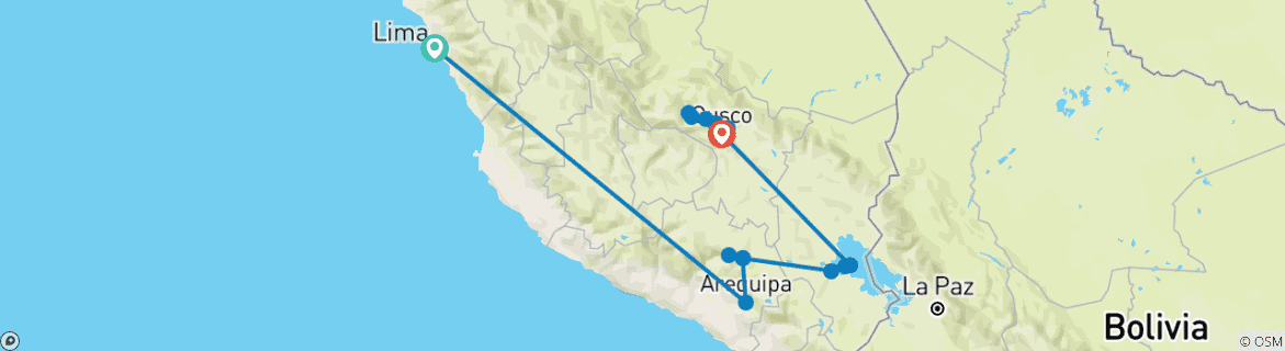 Carte du circuit 4 jours Chemin Inca + Le meilleur du sud du Pérou