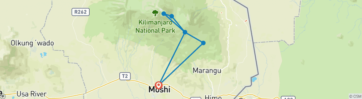 Carte du circuit Ascension du Kilimandjaro sur la route de Marangu Trek de 5 jours, circuit de 7 jours