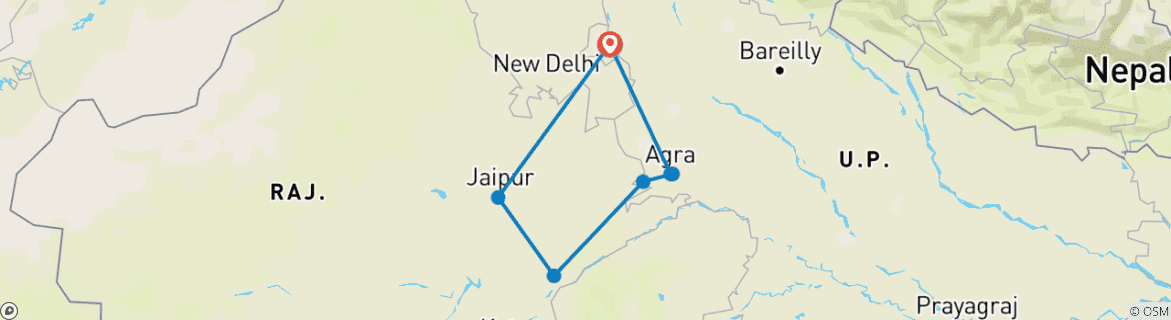 Carte du circuit Taj Mahal et tigres - Circuit du Triangle d'Or en Inde avec Ranthambore 7 jours