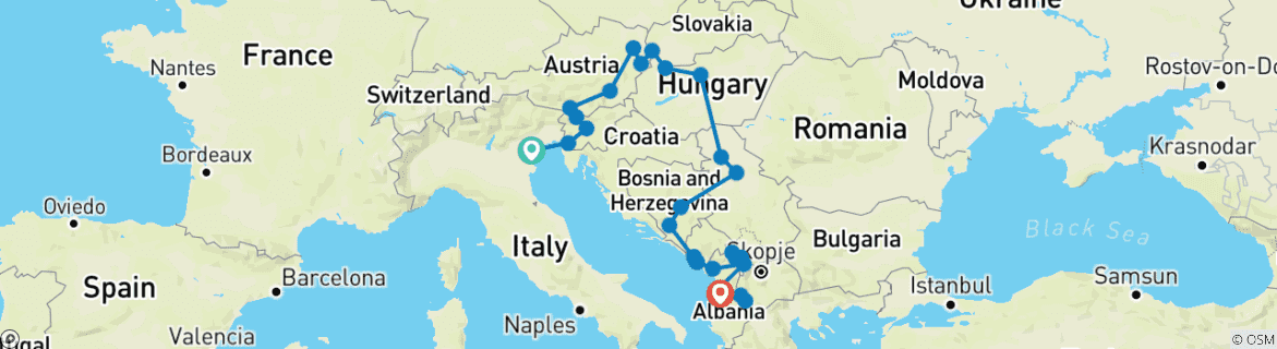 Karte von Venedig nach Tirana; Halbprivate Tour durch Mitteleuropa und den Balkan