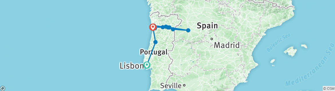 Map of Lisbon, Porto and the Douro valley (Portugal) and Salamanca (Spain) (port-to-port cruise)