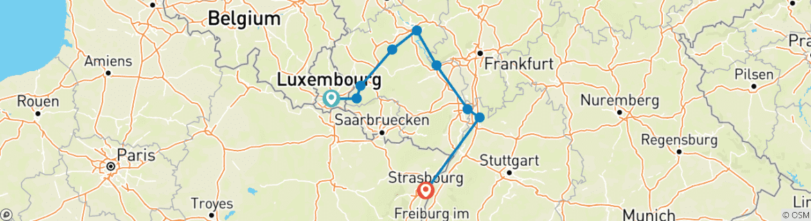 Karte von 4 Flüsse: Mosel, Sarre, romantisches Rhein und Neckar-Tal (Hafen zu Hafen Kreuzfahrt)