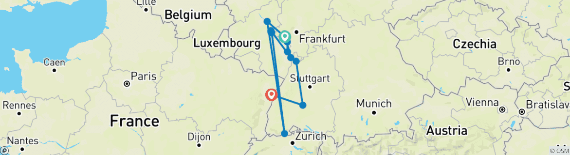 Carte du circuit Family Club - La vallée romantique du Rhin et le rocher de la Lorelei (croisière de port à port)