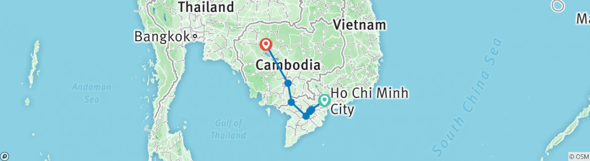 Map of Vietnam Cambodia Overland Family tour from Saigon To Angkor Wat via Mekong Delta