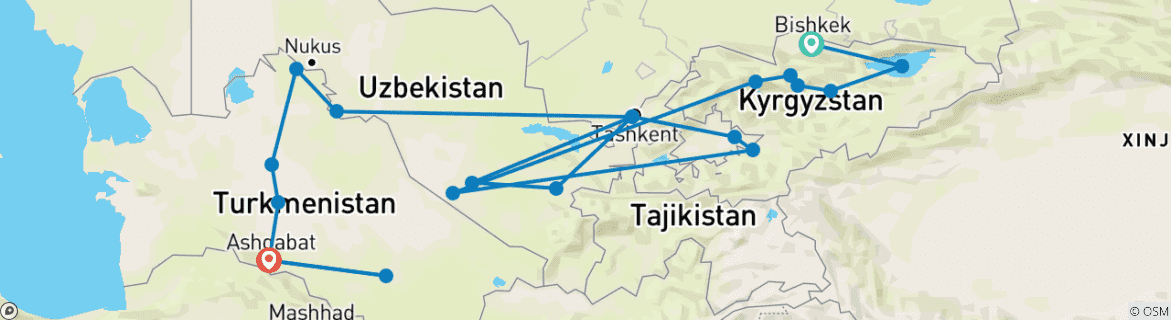 Carte du circuit De Bichkek à Achgabat (20 destinations)