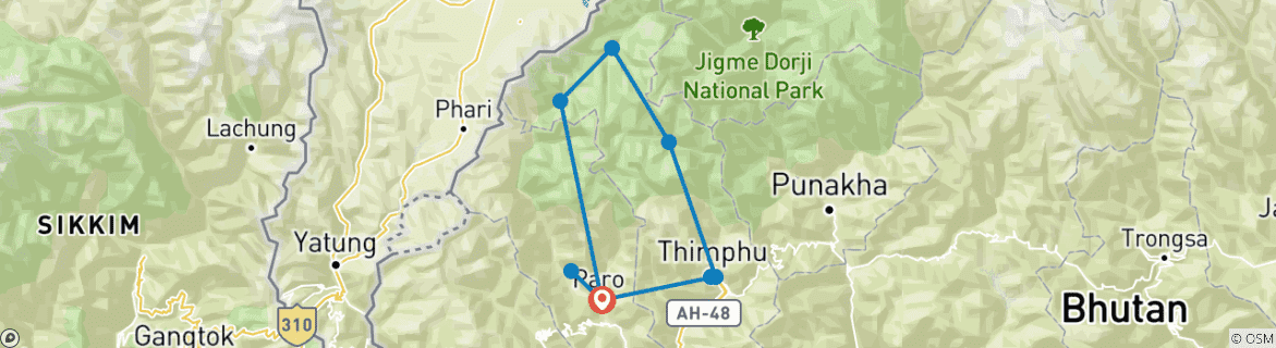 Carte du circuit Circuit du Jomolhari : trek de 12 jours au Bhoutan, de Paro à Thimphu