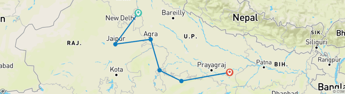 Map of Golden Triangle Tour with Varanasi & Khajuraho