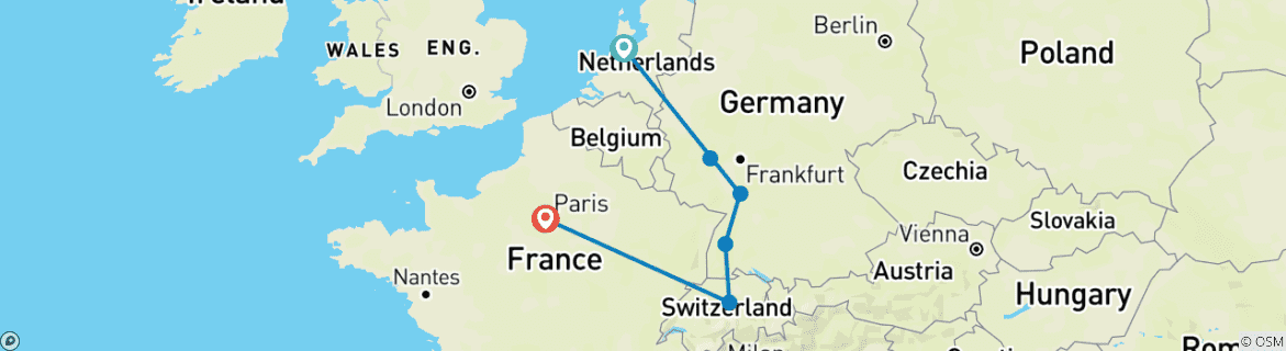 Map of European Highlights (Summer, End Paris, 7 Days)