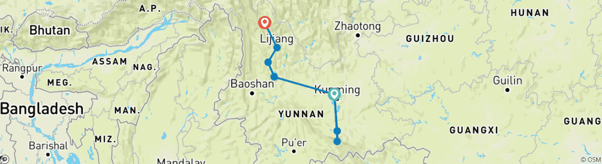 Map of Yunnan Highlights 14D: Kunming, Red Land, Yuanyang, Dali, Lijiang and Shangri-La