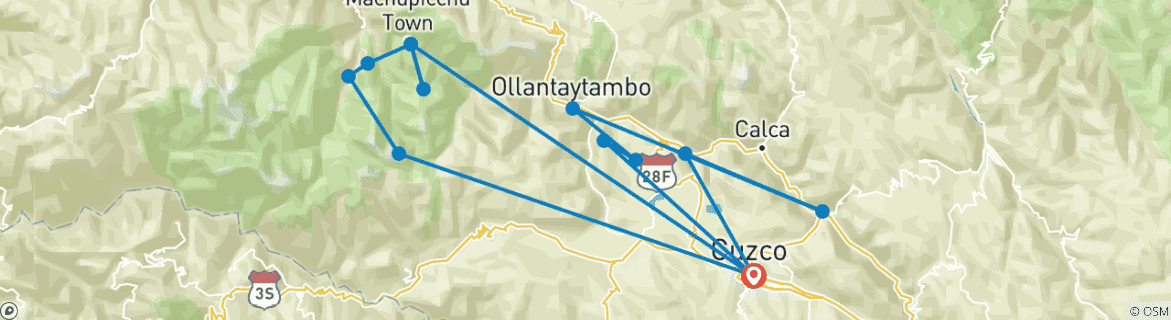 Kaart van 8-Daagse Salkantay Trek naar Machu Picchu met Heilige Vallei