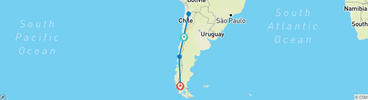 Karte von Radfahren & Wandern in Chile von Nord nach Süd 14 Tage