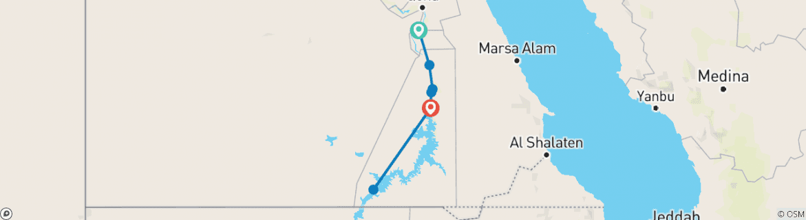 Map of Egypt Dahabiya Nile Cruise and Abu Simbel 7 days tour