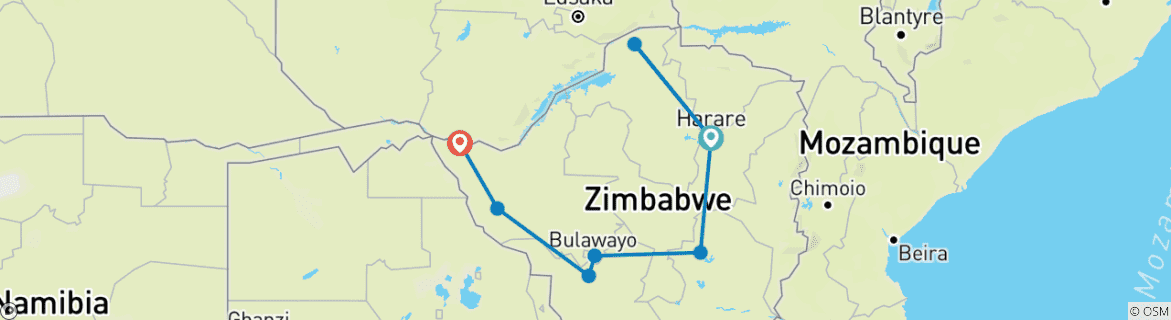 Map of 14 Days Rediscover Zimbabwe Tour