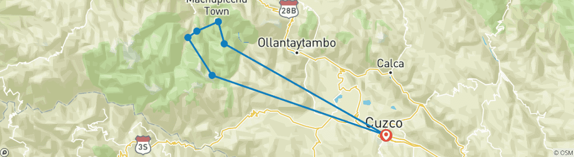 Kaart van Salkantay Trek naar Machu Picchu – glamping & Vistadome – 5 dagen