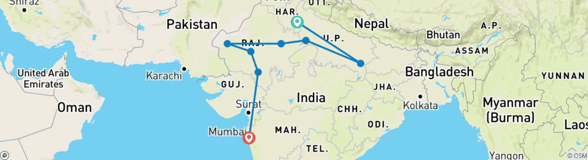 Carte du circuit Odyssée de l'Inde en 14 jours : Triangle d'or, Varanasi, Taj Mahal et randonnée dans le désert de Thar