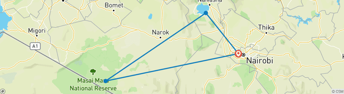 Carte du circuit Safari de luxe abordable de 3 jours dans le Masai Mara au Kenya - Avec une nuit gratuite à l'hôtel de Nairobi