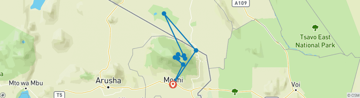 Mapa de Subida al Kilimanjaro ruta Rongai 6 días de excursionismo, 8 días de excursión