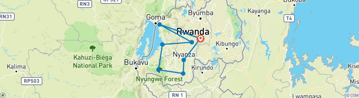 Map of 9 Days Rwanda Gorilla Experience & Safari