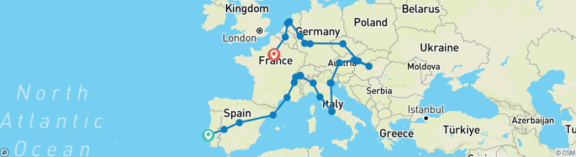 Image of a map showing the route of the tour